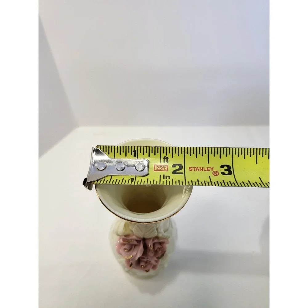 Vintage Cream Ceramic Bud Vase Pink Porcelain Roses Gold Trim 7 Inch Decorative